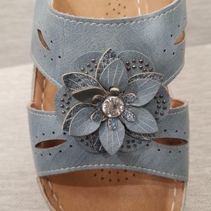 Detailed front view of light blue sandals