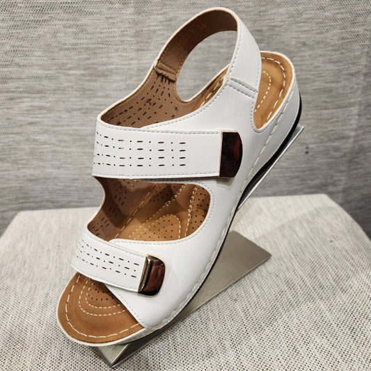 Side view of white summer sandal with sling back