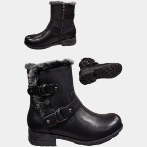 Black color winter ankle boots with decorative buckle detail